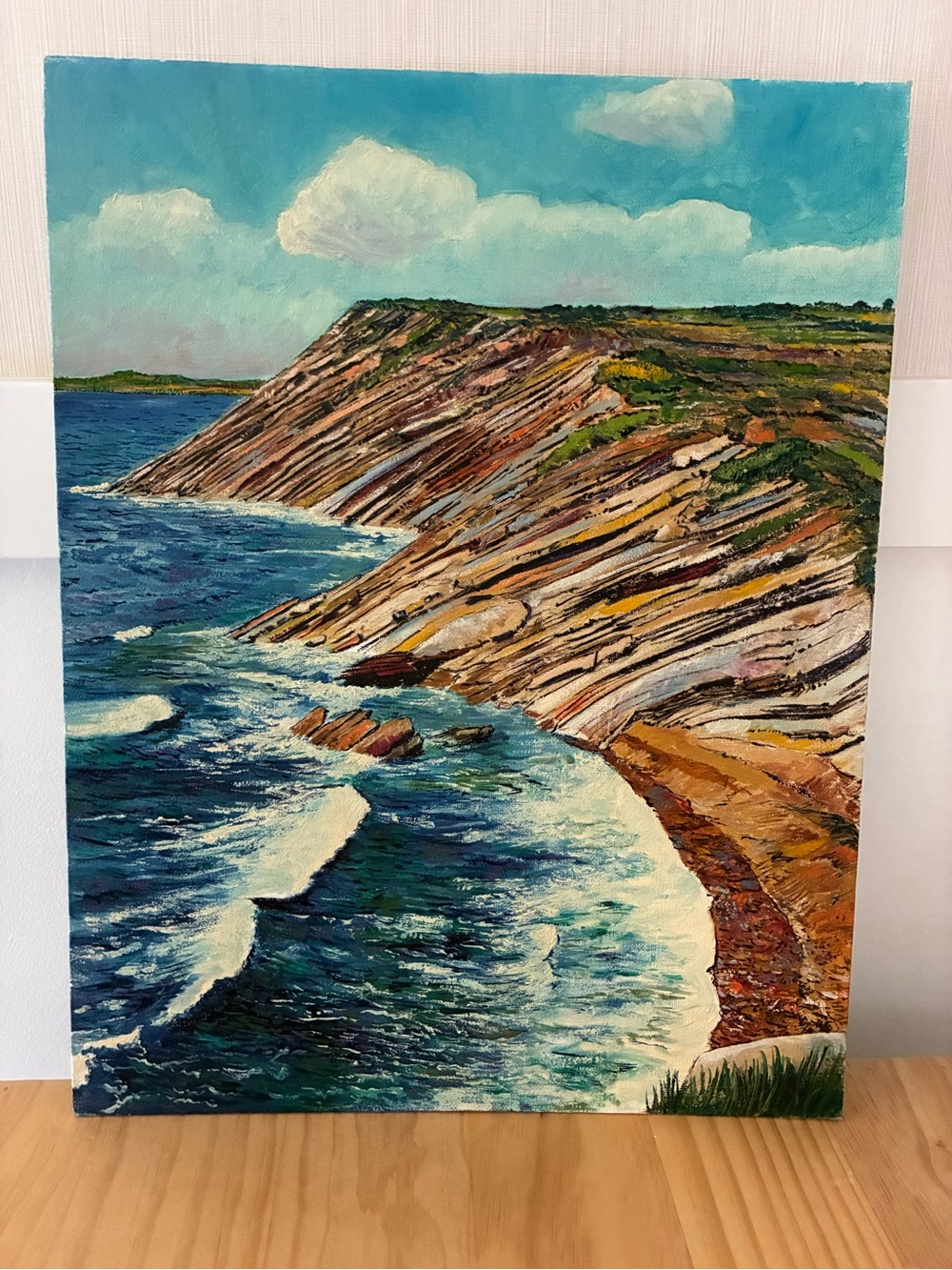 Coastal Cliff Seascape Painting in Blues and Earth Tones on 14 x 18” Canvas